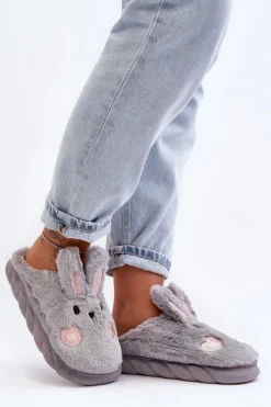 Damskie Futrzane Kapcie Z Króliczkiem Szare Naveritte