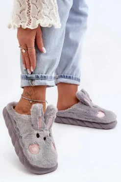 Damskie Futrzane Kapcie Z Króliczkiem Szare Naveritte