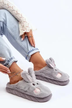 Damskie Futrzane Kapcie Z Króliczkiem Szare Naveritte
