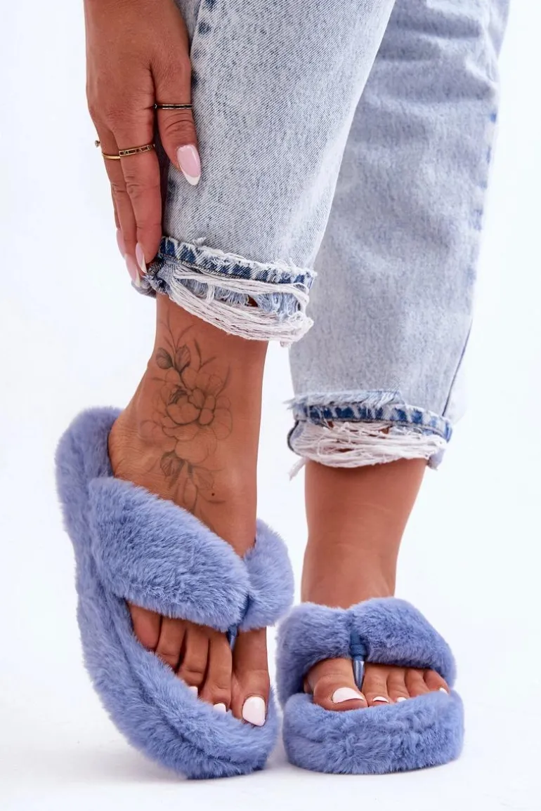 Damskie Futrzane Klapki Papcie Niebieskie Elma