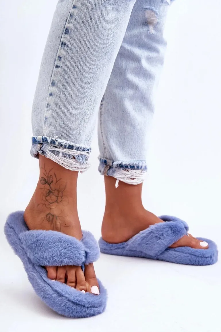 Damskie Futrzane Klapki Papcie Niebieskie Elma