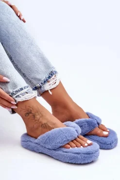 Damskie Futrzane Klapki Papcie Niebieskie Elma