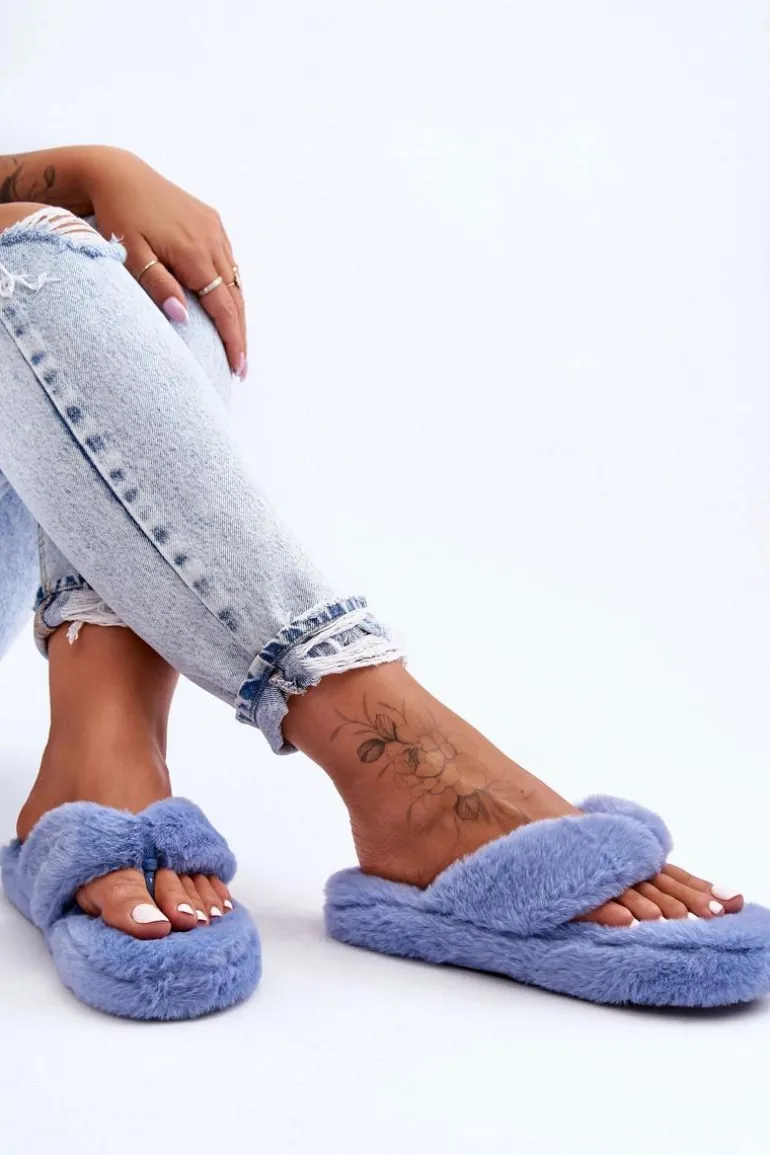 Damskie Futrzane Klapki Papcie Niebieskie Elma