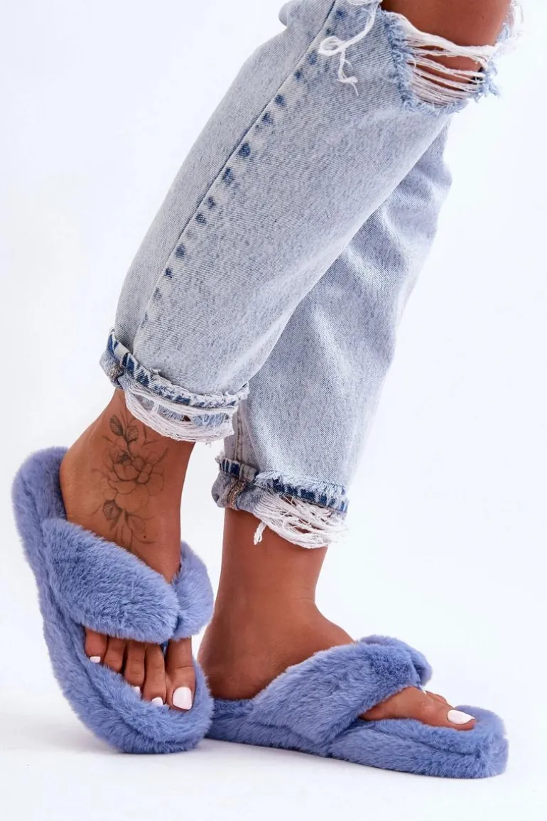 Damskie Futrzane Klapki Papcie Niebieskie Elma