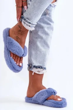 Damskie Futrzane Klapki Papcie Niebieskie Elma