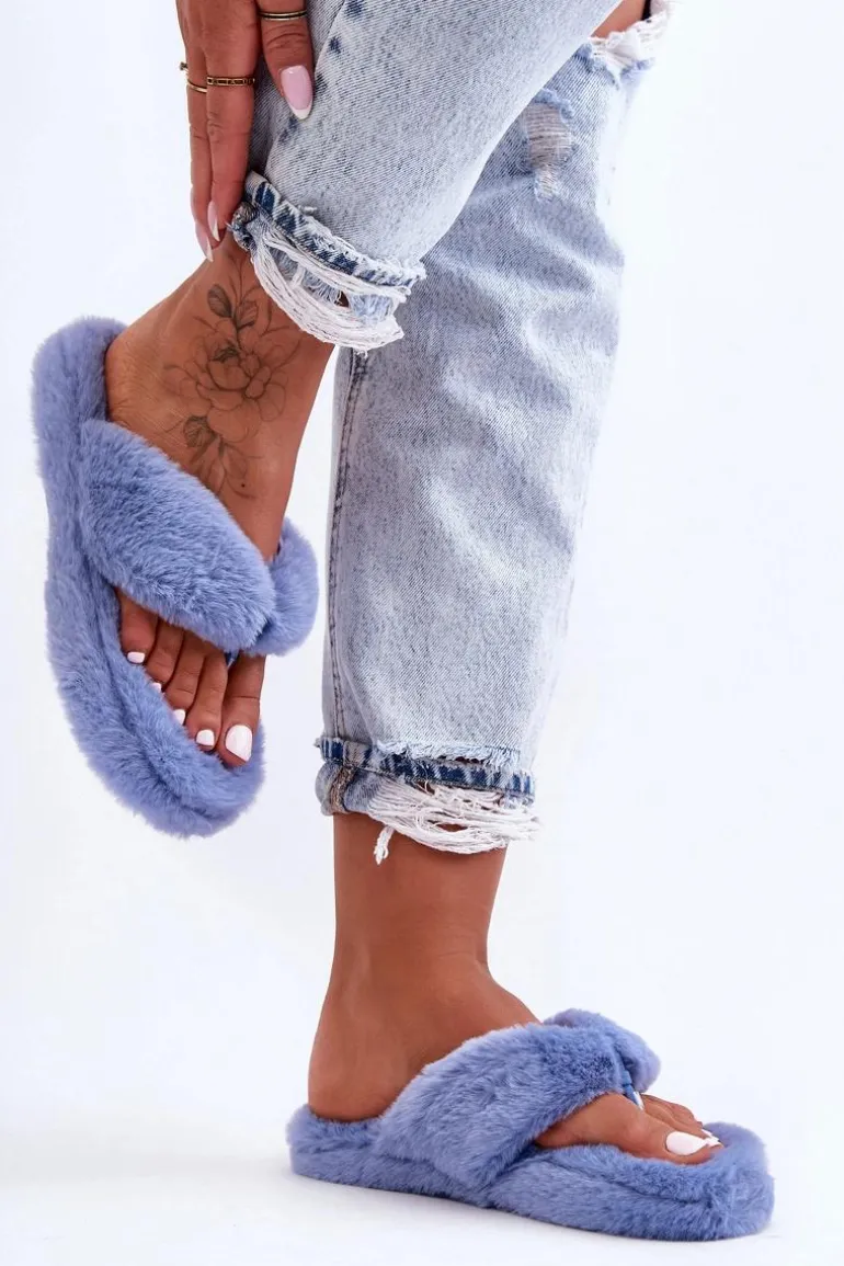 Damskie Futrzane Klapki Papcie Niebieskie Elma