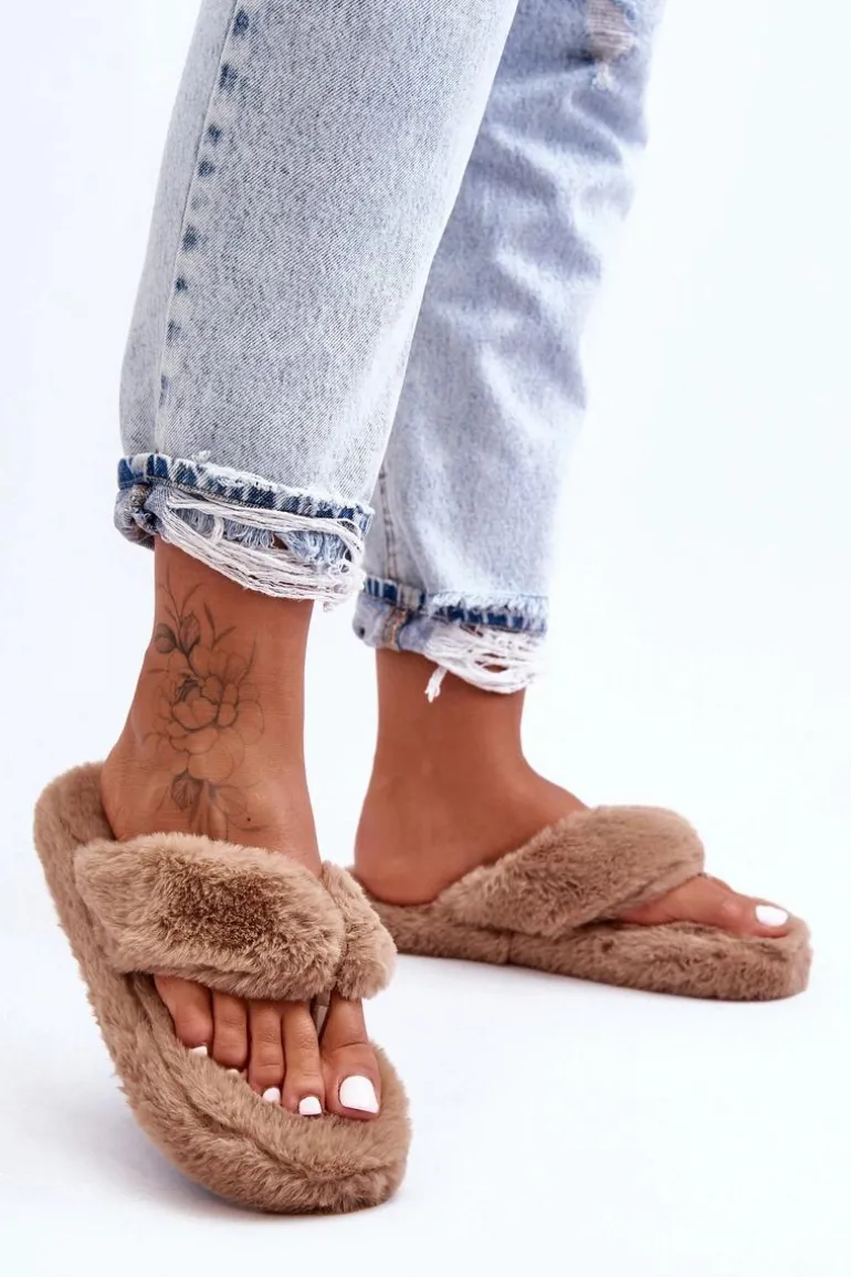 Damskie Futrzane Klapki Papcie Brązowe Elma