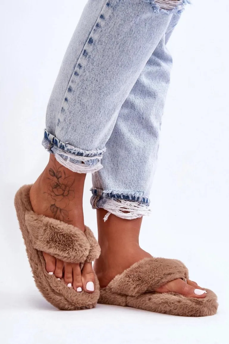 Damskie Futrzane Klapki Papcie Brązowe Elma