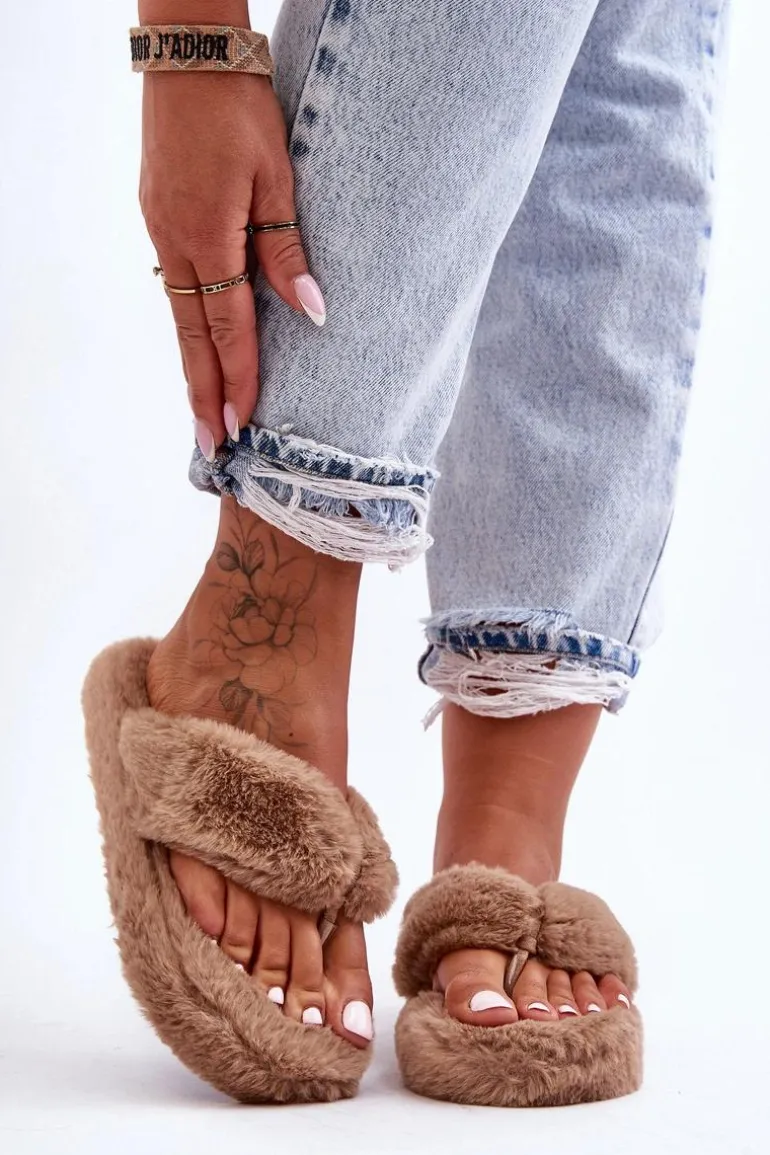 Damskie Futrzane Klapki Papcie Brązowe Elma