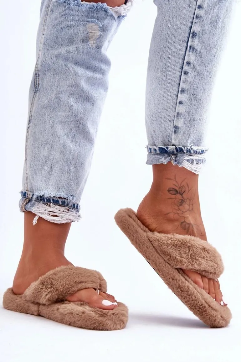 Damskie Futrzane Klapki Papcie Brązowe Elma