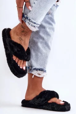 Damskie Futrzane Klapki Papcie Czarne Elma