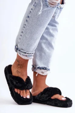 Damskie Futrzane Klapki Papcie Czarne Elma