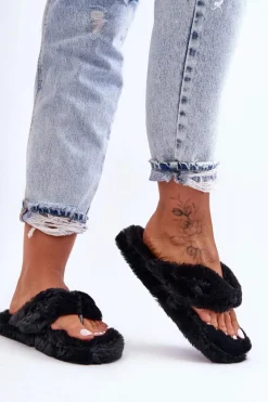 Damskie Futrzane Klapki Papcie Czarne Elma