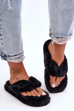 Damskie Futrzane Klapki Papcie Czarne Elma