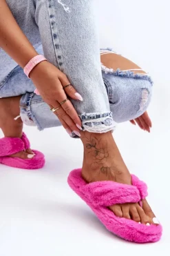 Damskie Futrzane Klapki Papcie Fuksja Elma