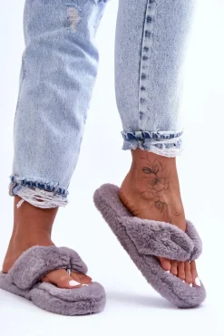 Damskie Futrzane Klapki Papcie Szare Elma