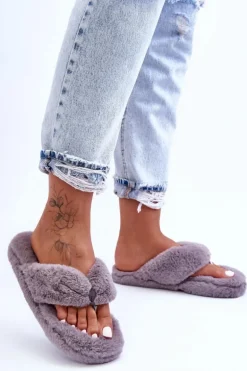 Damskie Futrzane Klapki Papcie Szare Elma
