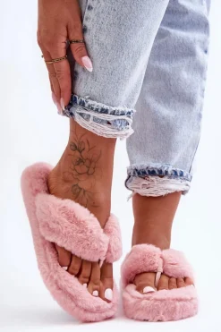 Damskie Futrzane Klapki Papcie Różowe Elma