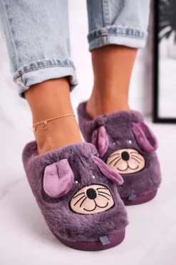 Damskie Futrzane Papcie Myszki Fioletowe Home Sweet Home