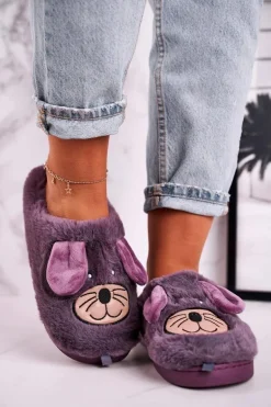 Damskie Futrzane Papcie Myszki Fioletowe Home Sweet Home