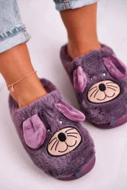 Damskie Futrzane Papcie Myszki Fioletowe Home Sweet Home