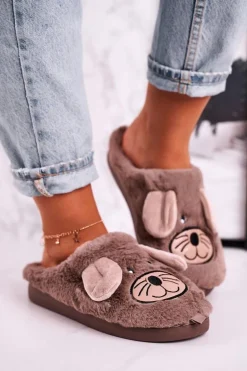 Damskie Futrzane Papcie Myszki Beżowe Home Sweet Home