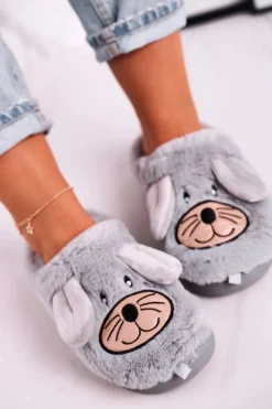 Damskie Futrzane Papcie Myszki Szare Home Sweet Home