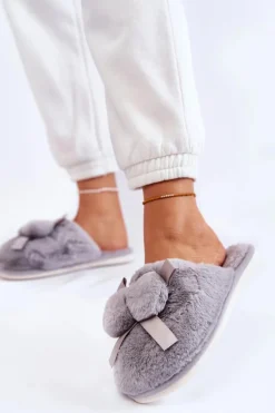 Damskie Futrzane Papcie Z Pomponami Szare Castello