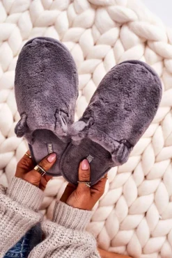 Damskie Futrzane Papcie Z Uszami Szare Hippo