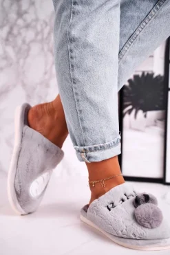 Damskie Futrzane Papcie z Królikiem I Marchewką Szare Follow Me