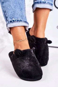 Damskie Futrzane Papcie Z Uszami Czarne Hippo