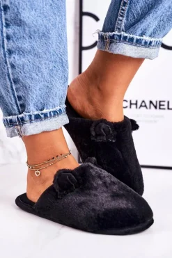 Damskie Futrzane Papcie Z Uszami Czarne Hippo