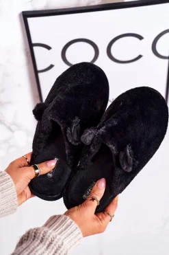 Damskie Futrzane Papcie Z Uszami Czarne Hippo