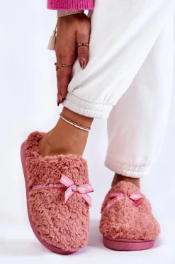 Damskie Futrzane Papcie Z Kokardką Różowe Ryana