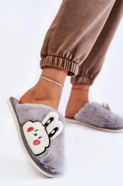 Damskie Futrzane Papcie Z Królikiem Szare Trisha