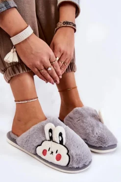 Damskie Futrzane Papcie Z Królikiem Szare Trisha