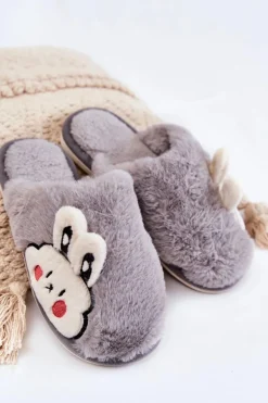 Damskie Futrzane Papcie Z Królikiem Szare Trisha