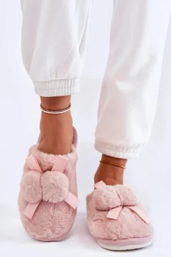 Damskie Futrzane Papcie Z Pomponami Różowe Castello