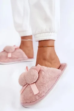 Damskie Futrzane Papcie Z Pomponami Różowe Castello
