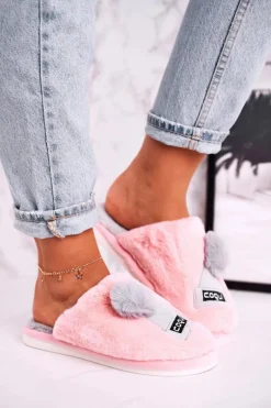 Damskie Futrzane Papcie Z Czapką I Pomponem Różowe Keep Warm
