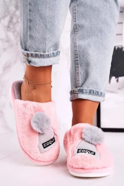 Damskie Futrzane Papcie Z Czapką I Pomponem Różowe Keep Warm