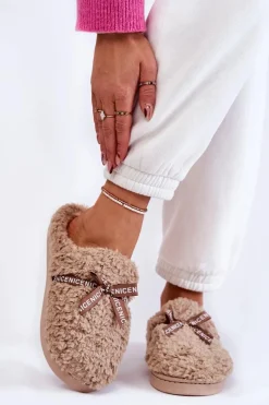 Damskie Futrzane Papcie Z Kokardką Beżowe Ryana