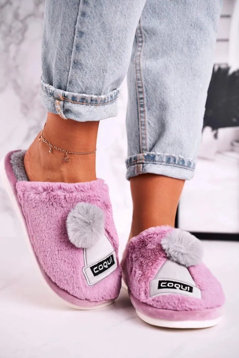 Damskie Futrzane Papcie Z Czapką I Pomponem Fioletowe Keep Warm