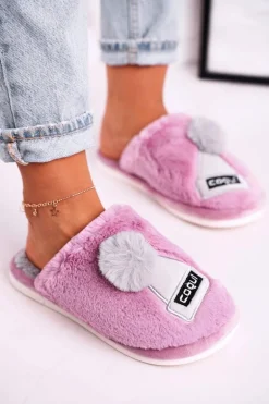 Damskie Futrzane Papcie Z Czapką I Pomponem Fioletowe Keep Warm
