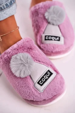 Damskie Futrzane Papcie Z Czapką I Pomponem Fioletowe Keep Warm