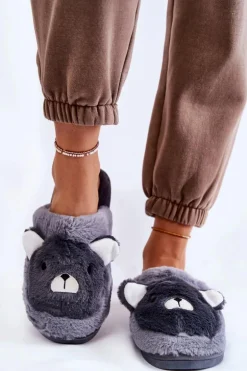 Damskie Futrzane Papcie Z Misiem Szare Solly