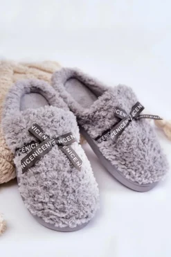 Damskie Futrzane Papcie Z Kokardką Szare Ryana