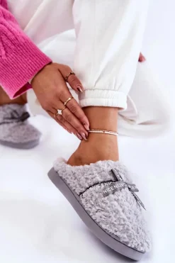 Damskie Futrzane Papcie Z Kokardką Szare Ryana