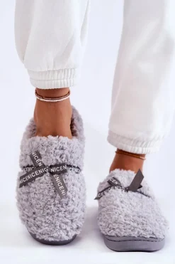 Damskie Futrzane Papcie Z Kokardką Szare Ryana