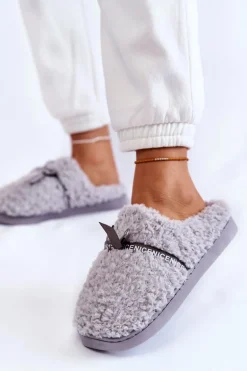 Damskie Futrzane Papcie Z Kokardką Szare Ryana